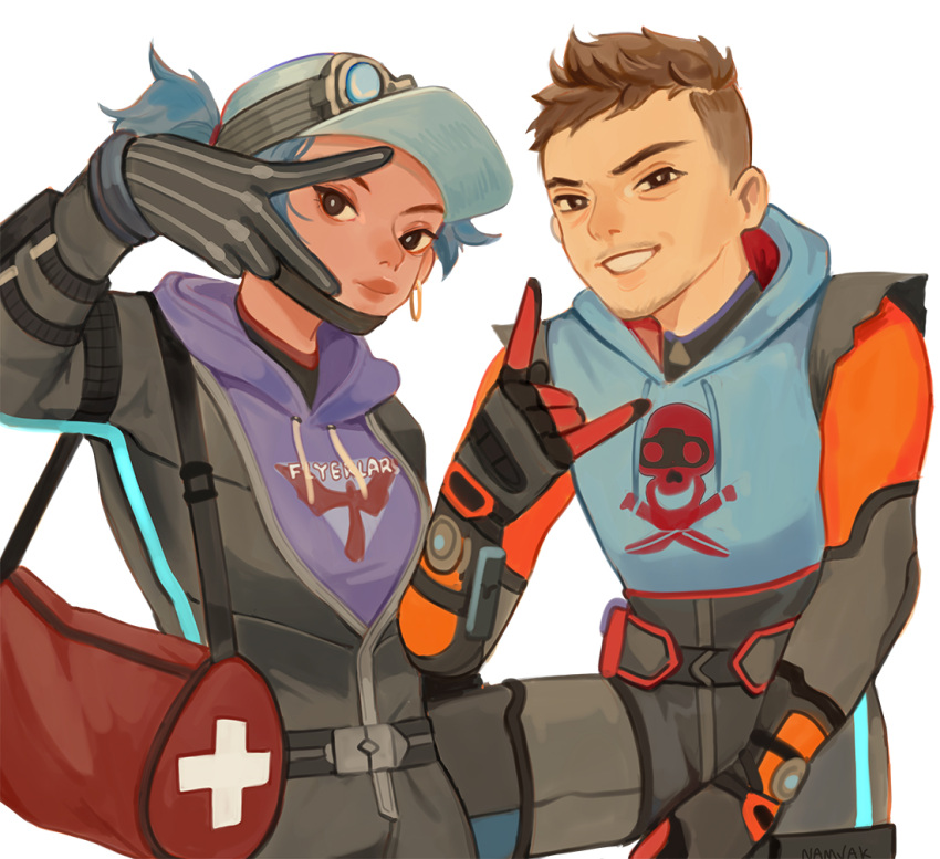 1boy 1girl \m/ animification apex_legends bag baseball_cap belt black_belt black_bodysuit black_gloves blue_hair blue_headwear blue_hoodie bodysuit brown_hair duffel_bag facial_hair gloves goggles goggles_on_headwear hat hood hoodie lifeline_(apex_legends) looking_at_viewer mischief_medic_lifeline namjak octane_(apex_legends) official_alternate_costume orange_bodysuit short_twintails sleeveless sleeveless_hoodie stubble twintails undercut v