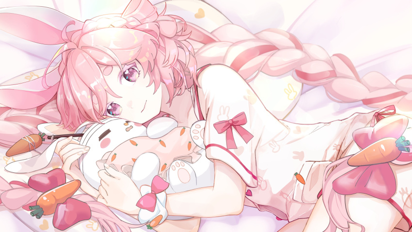 1girl absurdres animal_ears braid carrot commission commissioner_upload highres indie_virtual_youtuber long_braid long_hair okkobc on_bed pink_hair pink_theme rabbit rabbit_ears rabbit_girl skeb_commission smile solo stuffed_animal stuffed_bunny stuffed_toy violet_eyes virtual_youtuber yawny