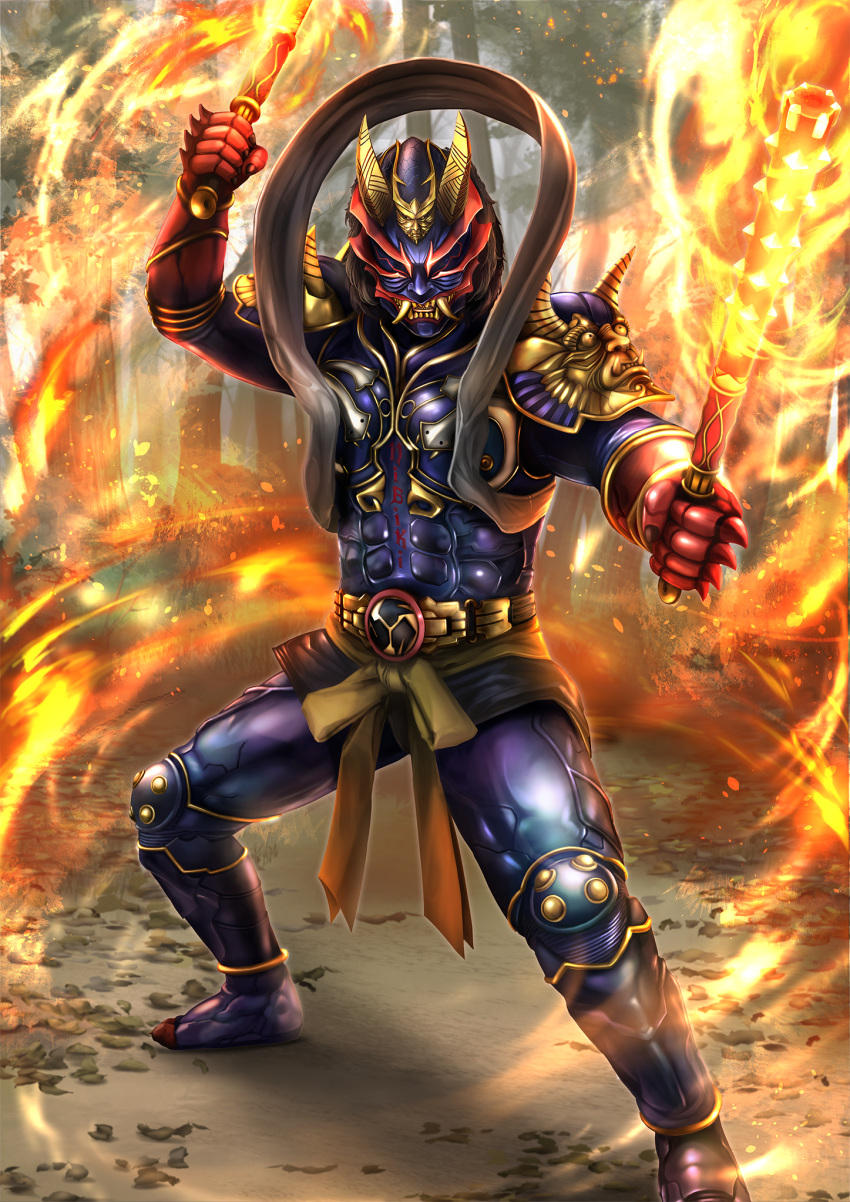 1boy another_hibiki_(zi-o) another_rider_(zi-o) armor bachi black_hair clenched_teeth club_(weapon) creature demon demon_horns dual_wielding evil fangs fire forest gloves gold_horns highres holding horns japanese_clothes kamen_rider kamen_rider_zi-o_(series) karasu820621 looking_at_viewer messy_hair monster nature no_eyes oni oni_horns open_mouth plectrum purple_armor red_gloves red_nails sharp_teeth shoulder_armor solo spiked_club teeth weapon