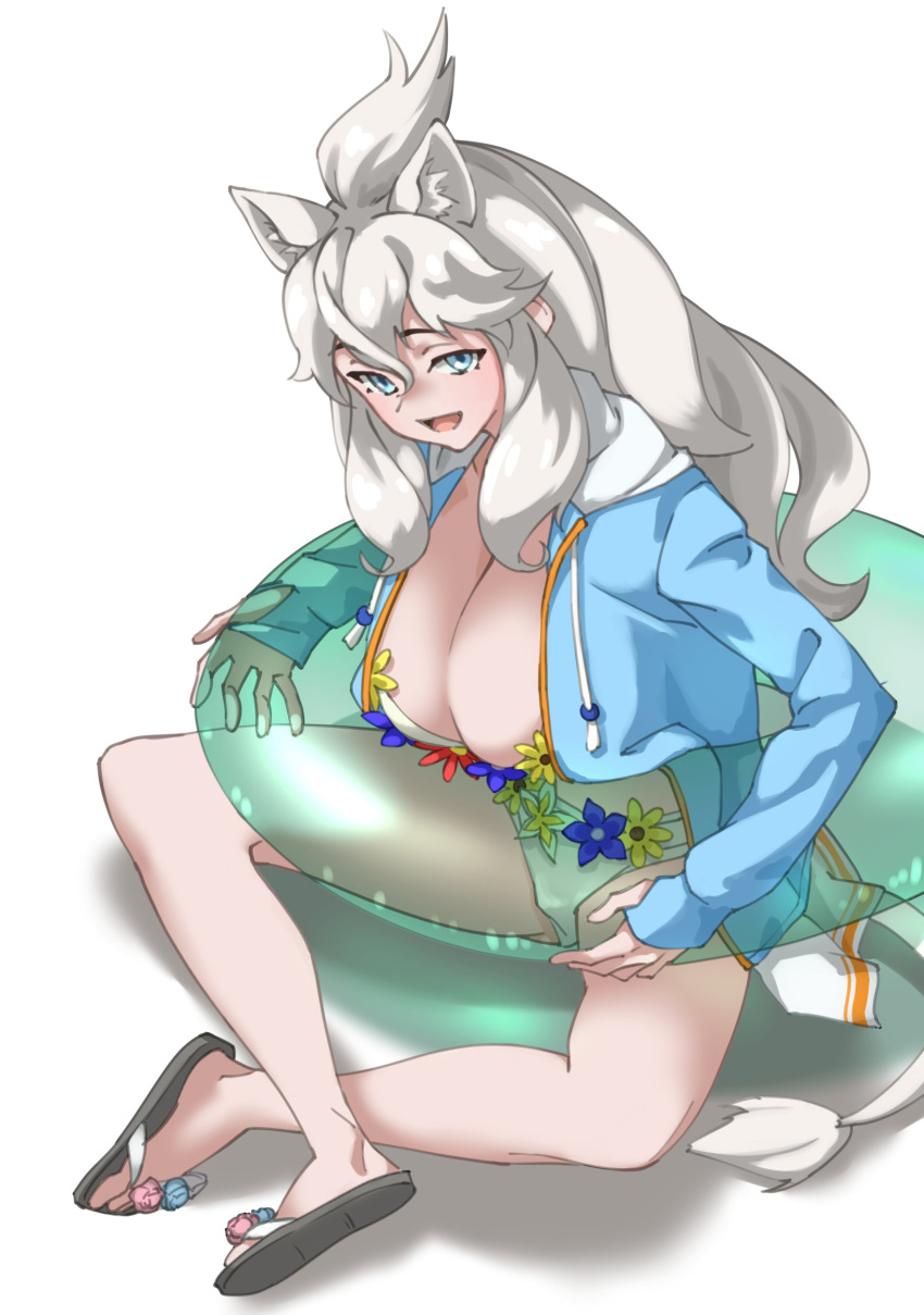 1girl absurdres animal_ears big_hair bikini blue_eyes blue_hoodie blush breasts crossed_legs flower frilled_bikini frills highres hood hoodie innertube kemono_friends kemono_friends_3 large_breasts lion_ears lion_girl lion_tail long_hair long_sleeves looking_at_viewer official_alternate_costume open_clothes open_hoodie open_mouth sandals sitting solo swimsuit tail tanabe_(fueisei) white_bikini white_hair white_lion_(kemono_friends)