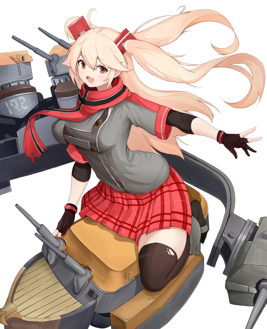 absurdres ahoge azur_lane black_thighhighs blonde_hair bluecher_(azur_lane) cannon cross fang fingerless_gloves gloves highres kesseil long_hair multicolored_clothes multicolored_scarf plaid plaid_skirt pleated_skirt riding rigging scarf skin_fang skirt thigh-highs two_side_up