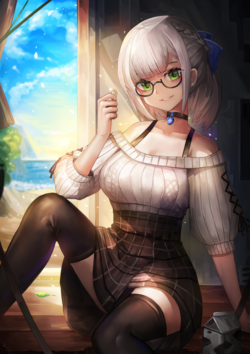 1girl absurdres black-framed_eyewear black_choker black_skirt black_thighhighs blue_bow bow braid breasts choker coin commentary_request glasses green_eyes grey_hair hair_bow hand_up high-waist_skirt highres holding holding_coin hololive large_breasts looking_at_viewer parted_lips plaid plaid_skirt semi-rimless_eyewear shirogane_noel short_hair sitting skirt sleeves_past_elbows smile sweater thigh-highs white_sweater zettai_ryouiki ziteng_yue