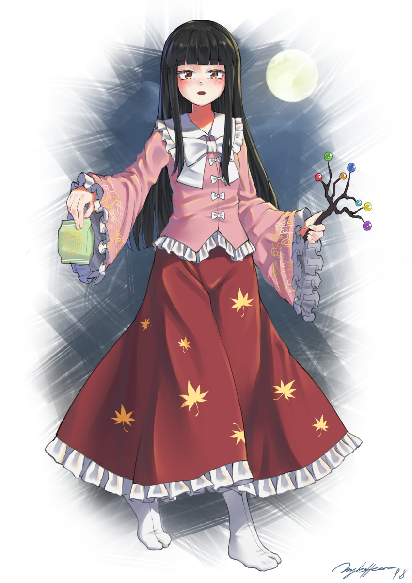 1girl absurdres arms_up artist_name autumn_leaves bangs black_hair blouse blue_sky blush bow bowtie branch brown_eyes collared_shirt frills full_moon grey_background hands_up high_collar highres hime_cut houraisan_kaguya jeweled_branch_of_hourai leaf leaf_print littiecy long_hair long_skirt long_sleeves looking_at_viewer moon night night_sky no_shoes open_mouth package pink_shirt red_skirt shirt sidelocks skirt sky socks solo tabi touhou walking white_background white_bow white_bowtie white_socks wide_sleeves