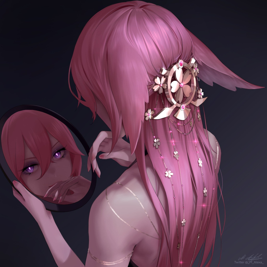 1girl animal_ears back floppy_ears fox_ears from_behind genshin_impact hair_between_eyes hair_ornament highres looking_at_viewer m_alexa mirror nail_polish pink_hair reflection slit_pupils solo sparkle upper_body violet_eyes yae_miko