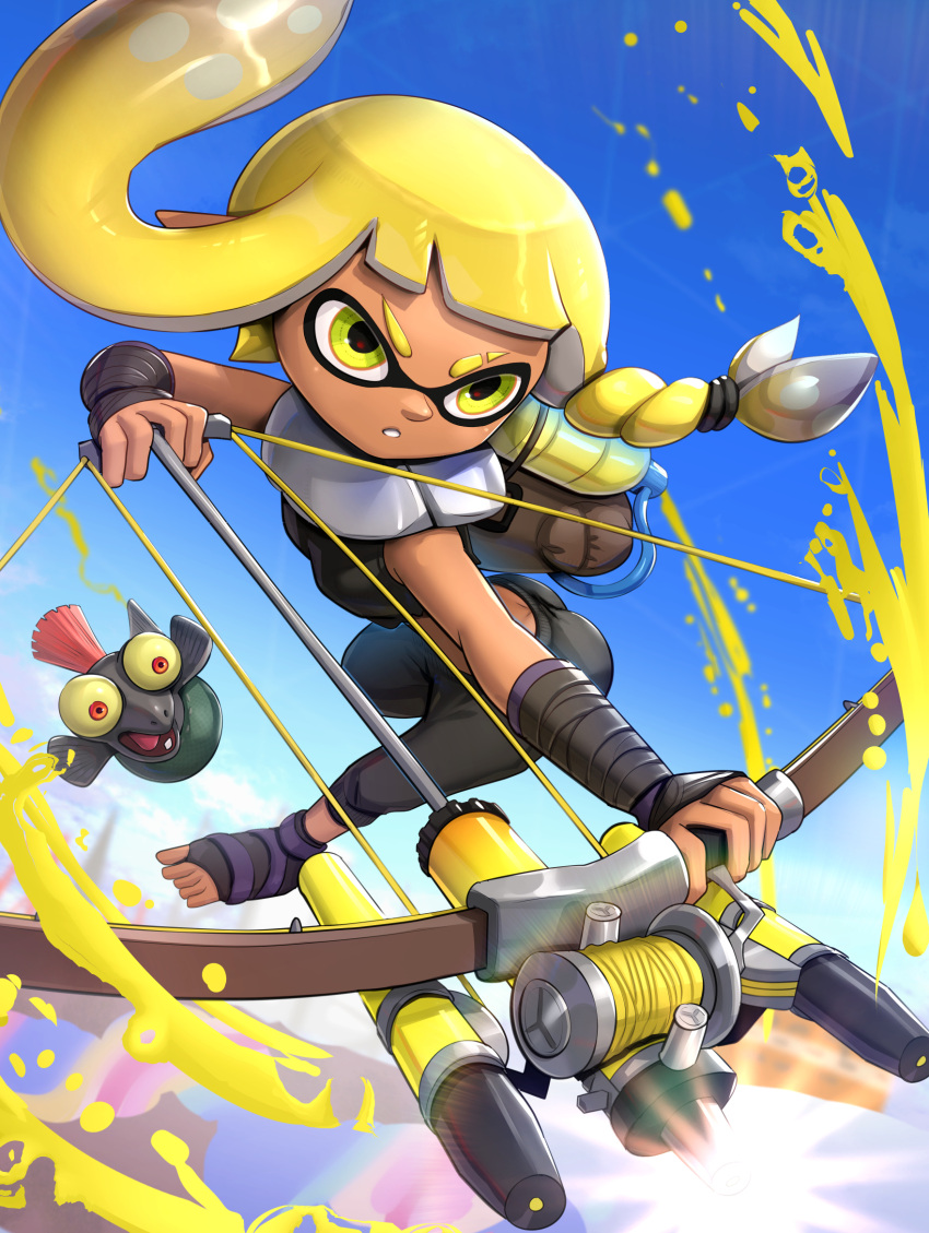 1girl agent_3_(splatoon_3) bow_(weapon) bulging_eyes eyebrow_cut gonzarez highres holding holding_bow_(weapon) holding_weapon salmonid single_tooth smallfry_(splatoon) splatoon_(series) splatoon_3 suction_cups tentacle_hair tri-stringer_(splatoon) weapon yellow_eyes