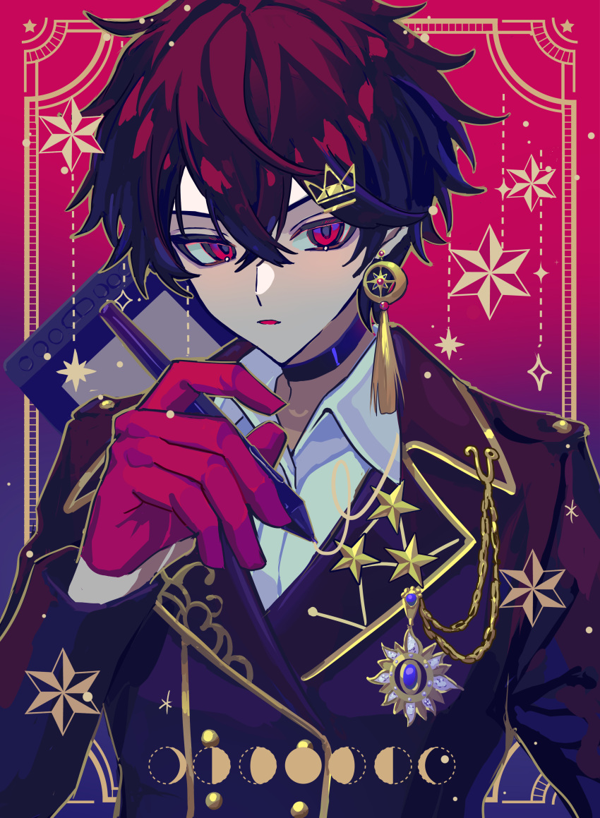 1boy absurdres black_coat black_hair brooch coat collared_shirt facing_viewer gloves haru4aki highres jewelry long_sleeves male_focus multicolored_hair open_mouth original red_eyes red_gloves redhead shirt short_hair solo star_(symbol) white_shirt