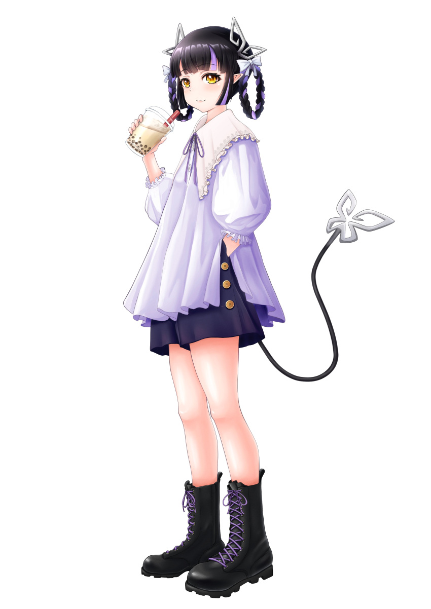1girl absurdres alternate_costume alternate_hairstyle bangs black_footwear black_hair black_skirt blouse blunt_bangs blush boots bow braid bubble_tea closed_mouth commentary_request cross-laced_footwear cup demon_girl demon_horns demon_tail frilled_shirt_collar frills full_body hair_bow hair_rings hand_in_pocket highres holding holding_cup horns kojo_anna looking_at_viewer multicolored_hair pink_shirt pointy_ears purple_hair purple_ribbon ribbon robou_no_stone shirt short_hair simple_background skirt smile solo standing sugar_lyric tail two-tone_hair virtual_youtuber white_background white_bow yellow_eyes