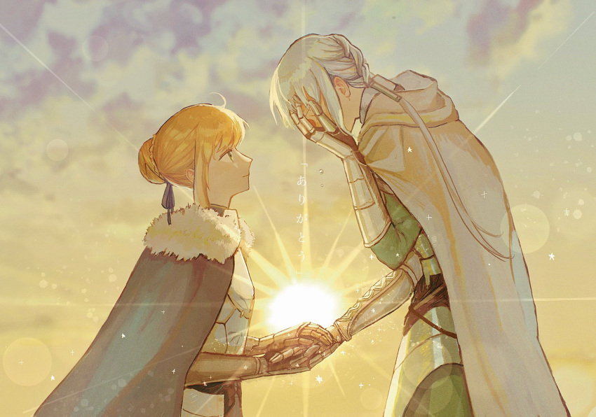 1boy 1girl 31tamagokake580 armor artoria_pendragon_(fate) bedivere_(fate) blonde_hair blue_cape blue_ribbon braid braided_bun cape clouds covering_face crying fate/grand_order fate/stay_night fate_(series) fur-trimmed_cape fur_trim gauntlets green_eyes green_shirt hair_bun hair_ribbon hair_tubes highres holding_hands lens long_hair looking_at_another low_ponytail prosthesis prosthetic_arm ribbon saber shirt smile sun sunburst sunlight tears upper_body white_cape white_hair