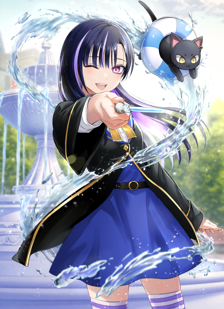1girl ;d animal aria_aquarius bangs black_cat black_hair black_jacket blue_skirt blurry blurry_background bow cat commentary_request depth_of_field fangs fountain high-waist_skirt highres holding holding_wand hydrokinesis jacket kuroneko_to_majo_no_kyoushitsu lifebuoy long_hair looking_at_viewer multicolored_hair natsupa one_eye_closed outdoors purple_hair shirt skirt smile standing streaked_hair striped striped_thighhighs thigh-highs very_long_hair violet_eyes wand water white_shirt yellow_bow