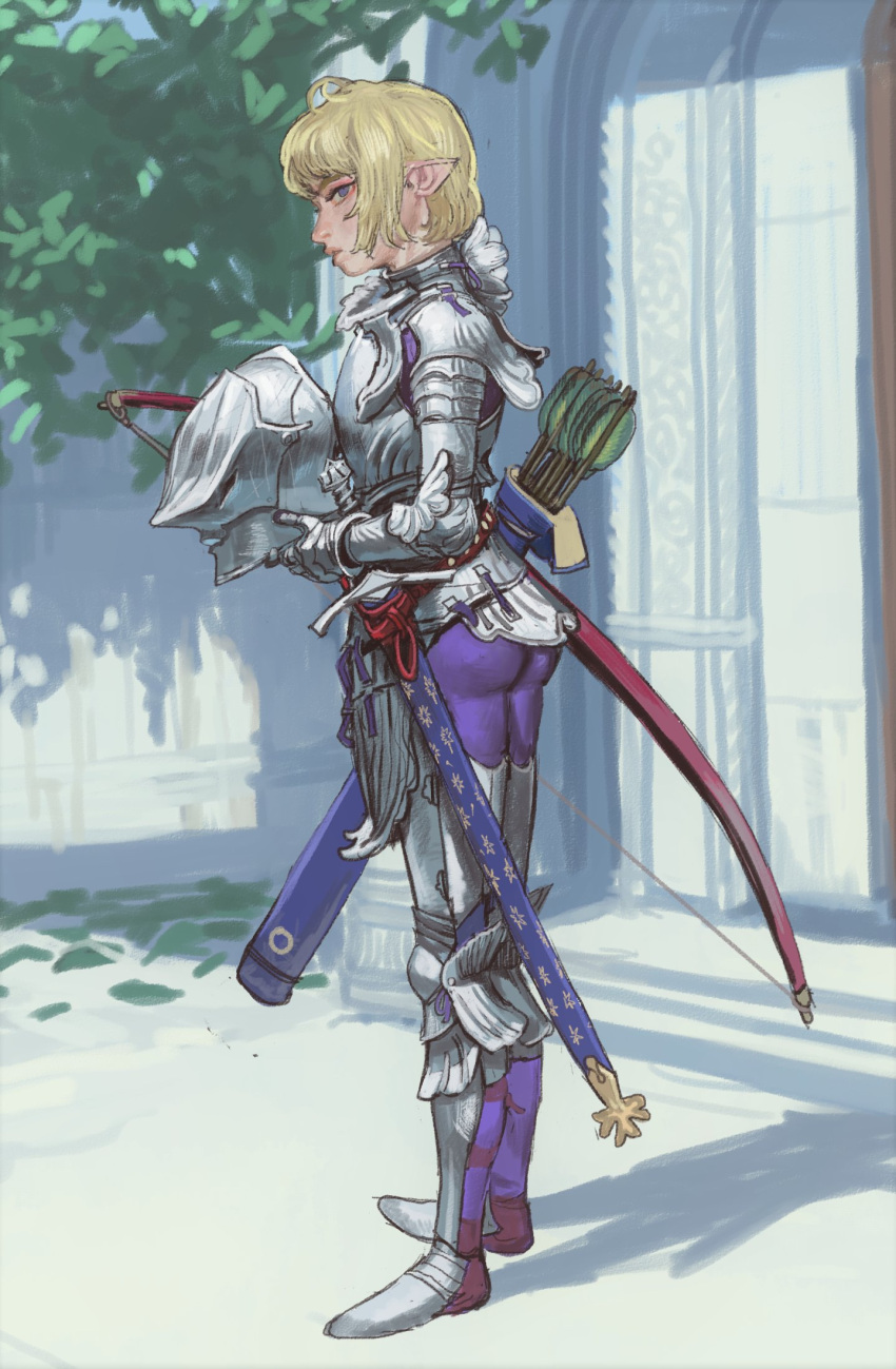 1boy armor ass blue_eyes bow bow_(weapon) breastplate helmet highres holding holding_helmet knight leaf looking_at_viewer mossacannibalis original pants parted_lips pointy_ears purple_pants quiver short_hair solo sword tree weapon