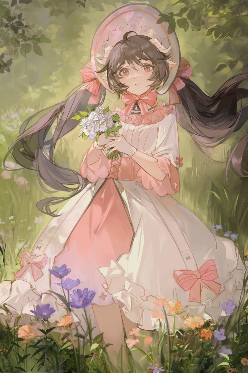 1girl alternate_hairstyle ambience_synesthesia animal_ears arknights bangs blue_flower bonnet bouquet bow brown_eyes brown_hair corset dress dress_bow english_commentary ergouzi_echo eyjafjalla_(arknights) feet_out_of_frame flower forest gloves grass hat hat_ribbon highres holding holding_bouquet horns long_hair looking_at_viewer nature official_alternate_costume orange_flower parted_lips pink_bow pink_dress ribbon sheep_ears sheep_girl sheep_horns sleeves_past_elbows solo twintails two-tone_dress white_dress white_flower white_gloves