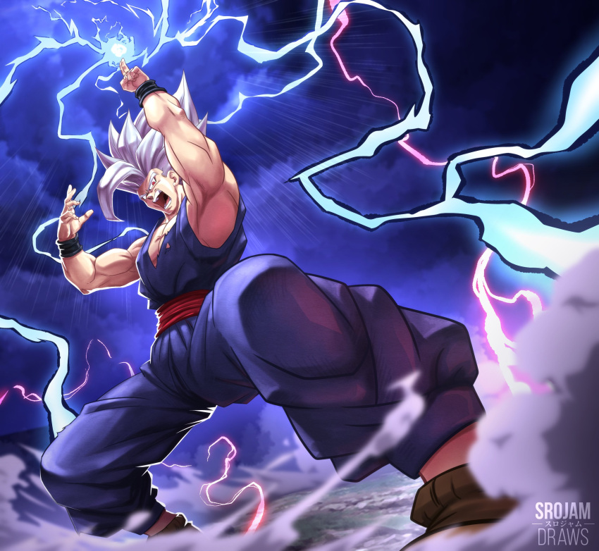 1boy absurdres dougi dragon_ball dragon_ball_super dragon_ball_super_super_hero electricity gohan_beast highres looking_at_viewer male_focus muscular open_mouth red_eyes short_hair simple_background solo son_gohan spiky_hair srojam white_hair wristband