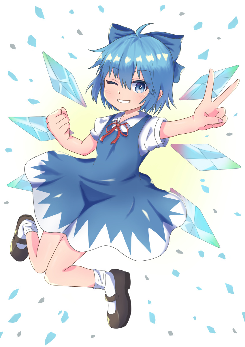 1girl absurdres bangs blue_bow blue_dress blue_eyes blue_hair bobby_socks bow brown_footwear cirno cirno_day collared_shirt commentary cowlick dress eyes_visible_through_hair full_body hair_between_eyes hair_bow high_meron highres ice ice_wings knees_together_feet_apart looking_at_viewer mary_janes neck_ribbon one_eye_closed pinafore_dress red_ribbon ribbon shirt shoes short_sleeves smile socks solo touhou v white_shirt wings