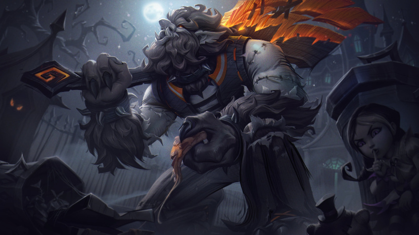 1boy 1girl absurdres annie_(league_of_legends) axe bangs black_hair castle collar dress finger_to_mouth fingernails food fright_night_annie fright_night_trundle grey_hair hiding highres holding holding_food holding_weapon league_of_legends long_hair moon official_alternate_costume official_art one_knee outdoors pants pizza puffy_short_sleeves puffy_sleeves red_eyes second-party_source sharp_fingernails short_sleeves shushing spiked_collar spikes striped striped_pants stuffed_animal stuffed_toy teddy_bear torn_clothes trash_can tree troll trundle tusks violet_eyes weapon