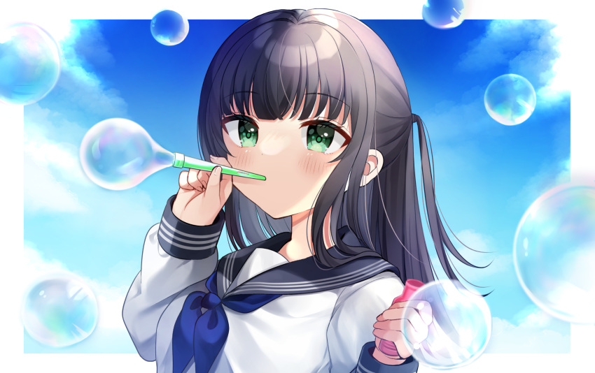 1girl bangs black_hair black_sailor_collar blue_neckerchief blue_sky blush breasts bubble_blowing bubble_wand clouds commentary_request day green_eyes hands_up highres holding long_hair long_sleeves medium_breasts minami_saki neckerchief original ponytail puffy_long_sleeves puffy_sleeves sailor_collar school_uniform serafuku shirt sky sleeves_past_wrists soap_bubbles solo upper_body white_shirt