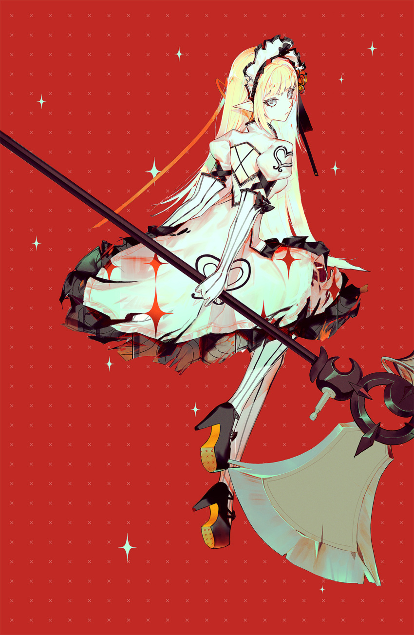1girl amelia_(mahou_arms) axe backless_dress backless_outfit bangs battle_axe blonde_hair bow chipped_axe chipped_weapon collar crescent dress elbow_gloves elf gloves grey_eyes heart high_heels highres holding holding_axe holding_weapon juliet_sleeves long_hair long_sleeves looking_at_viewer looking_back mahou_arms maid_headdress official_art pointy_ears puffy_sleeves red_background softmode solo sparkle striped striped_gloves vertical_stripes weapon white_dress