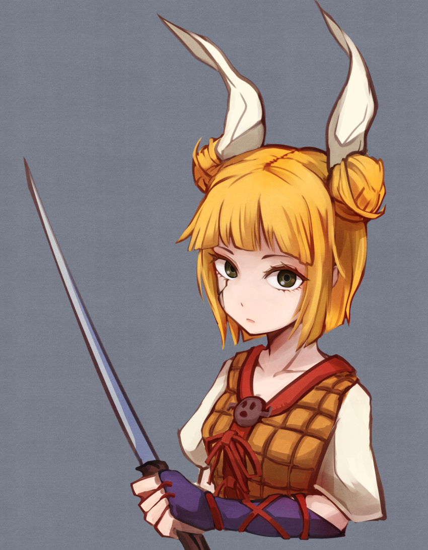 1girl armor bangs black_eyes blonde_hair breasts brown_vest closed_mouth commentary_request cracked_skin double_bun expressionless grey_background hair_bun hair_ribbon haniwa_(statue) highres holding holding_sword holding_weapon japanese_armor joutouguu_mayumi looking_at_viewer ribbon shirt short_hair simple_background small_breasts solo sword touhou upper_body vest weapon white_ribbon white_shirt yan_pai