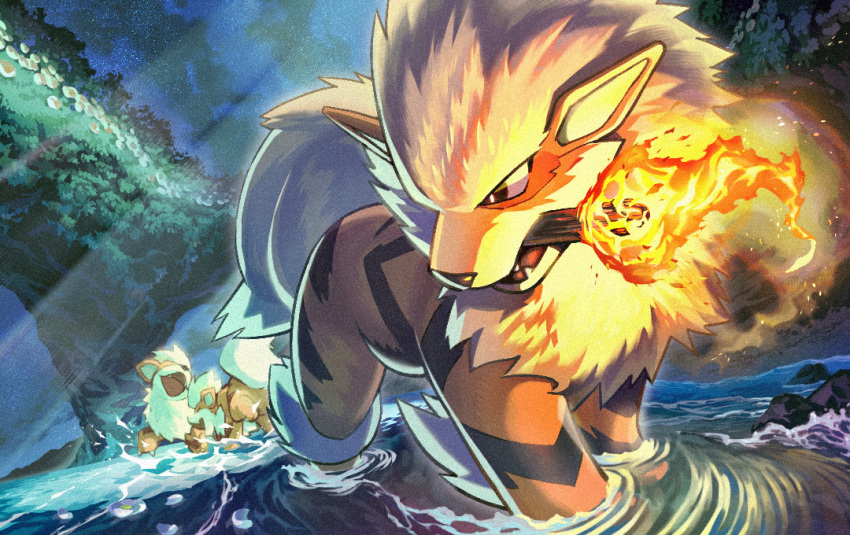 arcanine bright_pupils commentary_request evolutionary_line fire growlithe light_rays looking_back mouth_hold night no_humans omatz outdoors pokemon pokemon_(creature) river torch wading water white_pupils