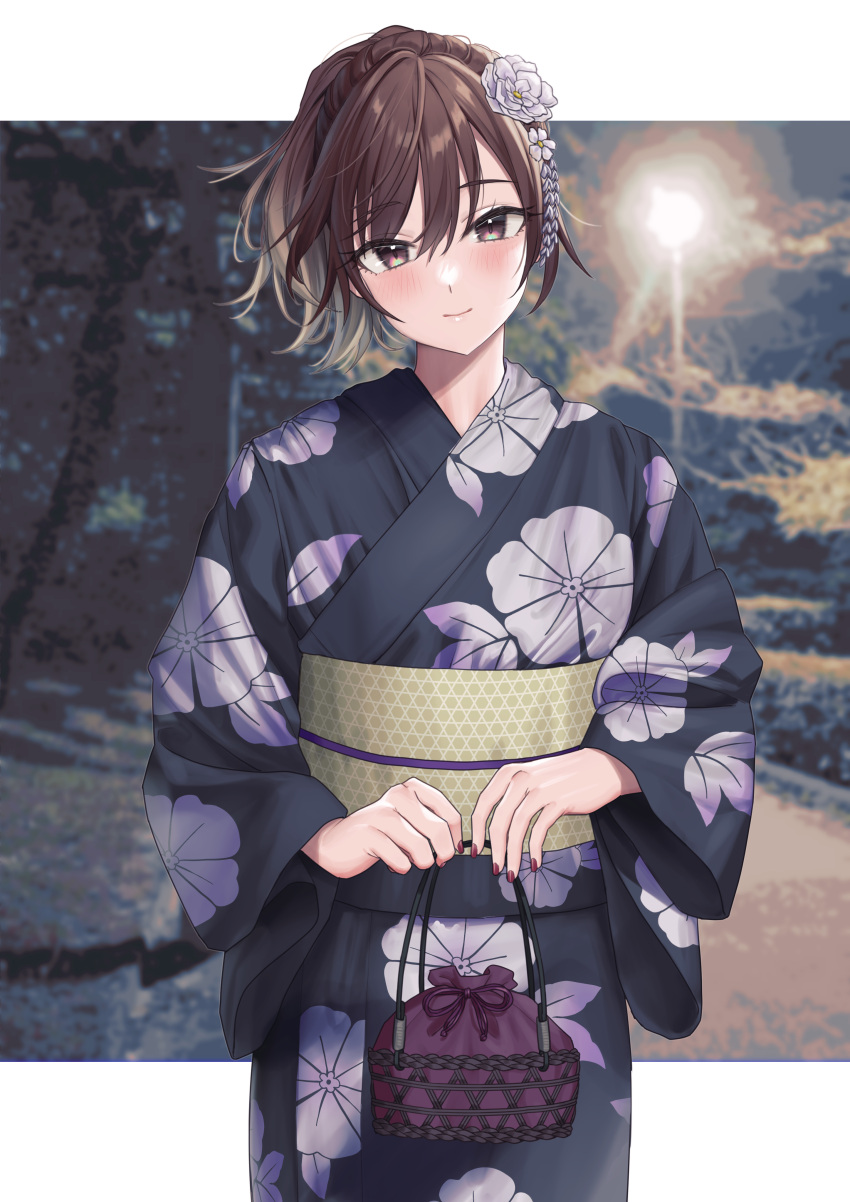 1girl absurdres aketa_mikoto blush brown_hair floral_print flower gradient_hair hair_flower hair_ornament head_tilt highres hourai_ninjin idolmaster idolmaster_shiny_colors japanese_clothes kimono letterboxed light_brown_hair light_smile looking_at_viewer multicolored_eyes multicolored_hair nail night obi outdoors photo_background ponytail print_kimono sash solo wide_sleeves