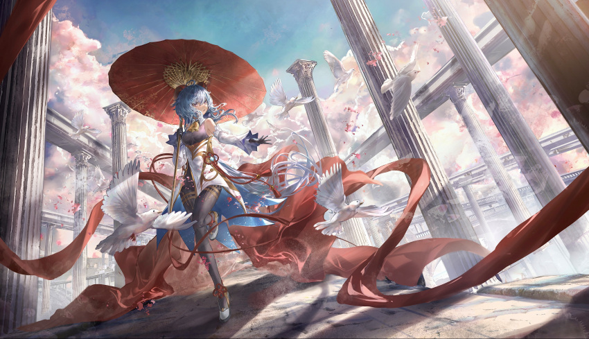 1girl absurdres ahoge ankle_ribbon architecture bangs bare_shoulders bell bird black_bodysuit black_gloves blue_hair blue_sky bodysuit breasts chinese_clothes clouds cowbell detached_collar detached_sleeves falling_petals floating_hair flower_knot full_body ganyu_(genshin_impact) genshin_impact gloves goat_horns hair_between_eyes highres holding holding_umbrella horns leg_ribbon long_hair looking_at_animal looking_to_the_side open_mouth outstretched_arm petals pillar ribbon scenery sky standing standing_on_one_leg stone_floor stone_pillar umbrella violet_eyes white_bird white_sleeves wind zeklewa