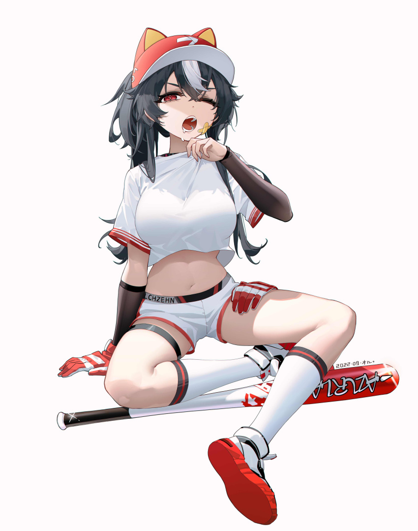 absurdres animal_ear_headwear azur_lane bandaid bandaid_on_cheek bandaid_on_face baseball_bat baseball_cap baseball_uniform black_hair clothes_lift crossed_bandaids gloves gloves_removed hat highres multicolored_hair official_alternate_costume one_eye_closed shirt shirt_lift short_shorts shorts single_glove sitting sportswear symbol-shaped_pupils tangdouji_(machine) thigh_strap white_background white_hair white_shirt white_shorts x-shaped_pupils z16_(azur_lane) z16_(guaranteed_grand_slam)_(azur_lane)