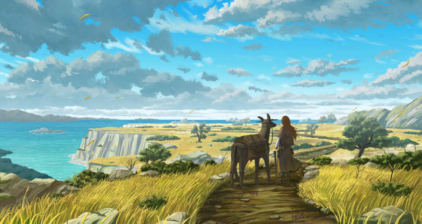 1girl animal backpack bag belt bird boots brown_hair cane cliff clouds day donkey from_behind grass lantern leaf long_hair long_sleeves mountain ocean original outdoors path rock scenery skirt sky solo soumura tree walking