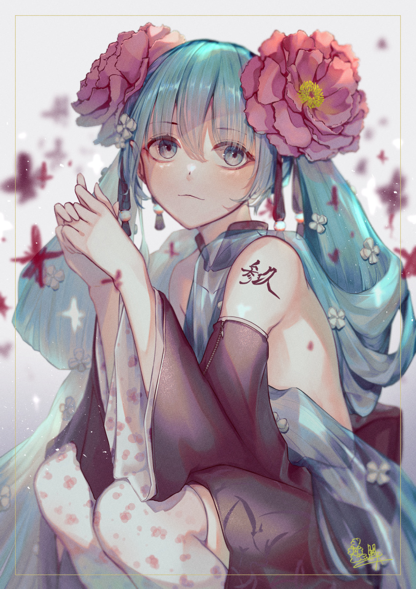 1girl :3 absurdres adapted_costume alpakakkax2 bangs blue_eyes blue_hair closed_mouth detached_collar detached_sleeves flower framed grey_background grey_skirt grey_sleeves hair_between_eyes hair_flower hair_ornament hatsune_miku highres long_hair long_sleeves looking_at_viewer miniskirt pink_flower shiny shiny_hair skirt solo squatting thigh-highs twintails very_long_hair vocaloid white_thighhighs wide_sleeves zettai_ryouiki