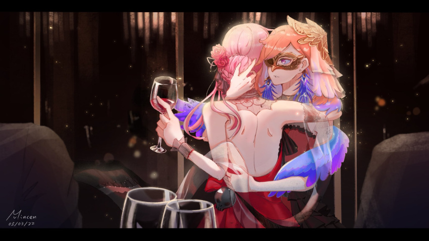 2girls couple cup dress drinking_glass earrings feather_earrings feathers gradient_hair highres hololive hololive_english hug jewelry long_hair mmmmin_dk mori_calliope multicolored_hair multiple_girls official_alternate_costume orange_hair pink_hair red_dress strapless strapless_dress takanashi_kiara virtual_youtuber wine_glass yuri