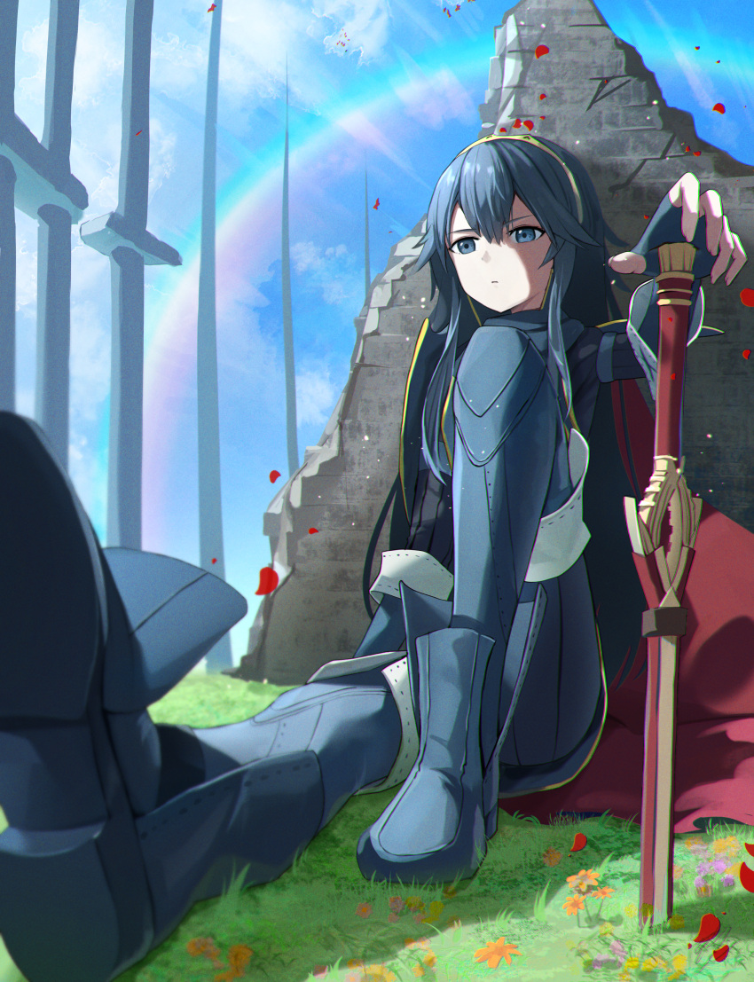 1girl absurdres blue_eyes blue_hair blue_pants blue_shirt blue_sky boots cape closed_mouth clouds day falchion_(fire_emblem) falling_petals fingerless_gloves fire_emblem fire_emblem_awakening flower gloves gold_hairband grass hidulume highres knee_up long_hair lucina_(fire_emblem) orange_flower outdoors pants petals planted planted_sword rainbow shirt sitting sky solo sword thigh_boots weapon