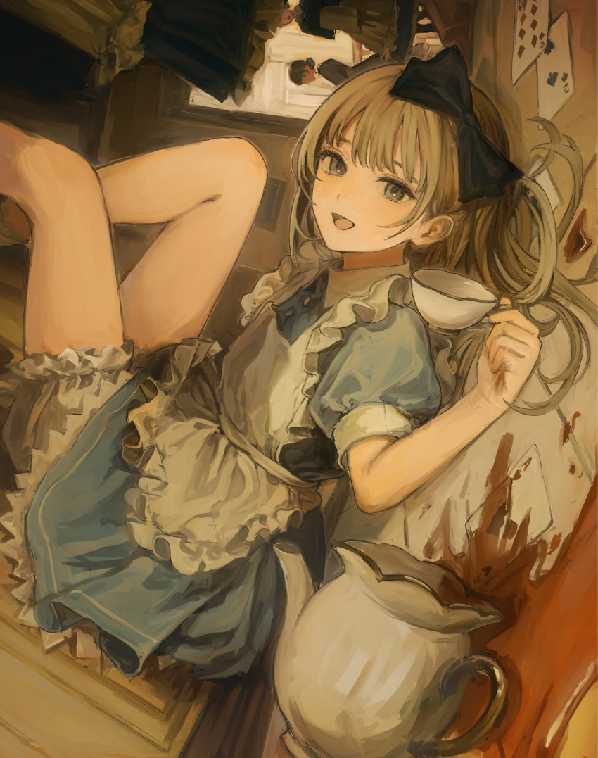 1girl alice_(alice_in_wonderland) alice_in_wonderland apron black_bow blonde_hair bloomers blue_dress bow card dress frilled_apron frills funabashi_(iwzry) grey_eyes hair_bow highres legs looking_at_viewer open_mouth short_hair sitting solo underwear white_apron white_bloomers