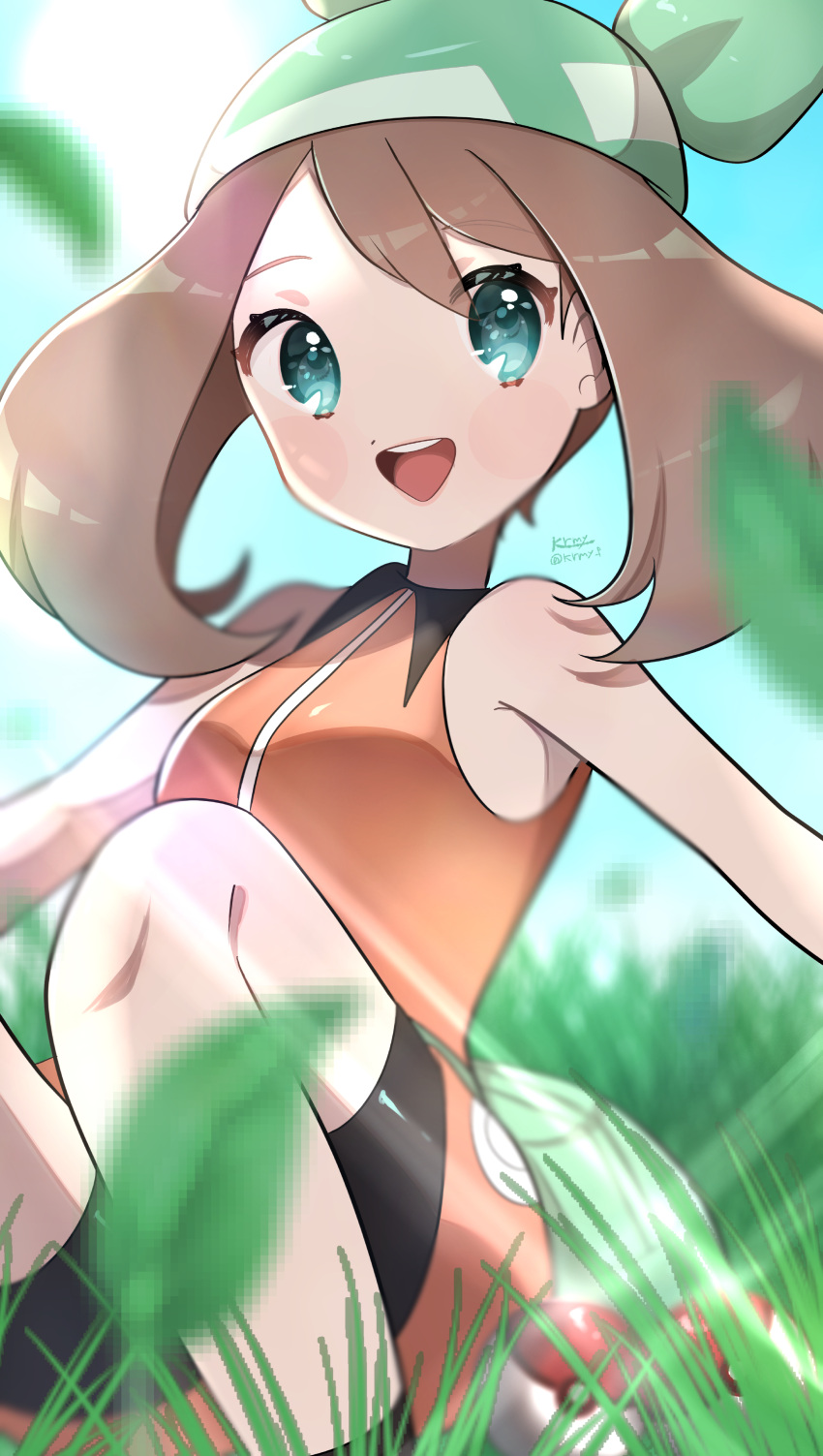 1girl :d absurdres artist_name bandana bangs bare_shoulders black_shorts blue_eyes brown_hair grass green_bandana highres kurumiya_(krmy_p) looking_at_viewer may_(pokemon) on_grass orange_shirt poke_ball pokemon pokemon_(game) pokemon_emerald pokemon_rse shirt shorts sleeveless sleeveless_shirt smile solo teeth twitter_username upper_teeth