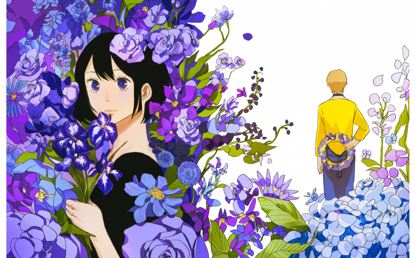 1boy 1girl black_hair black_shirt flower flower_request highres husband_and_wife looking_at_viewer natsuyuki_rendezvous purple_flower senryoko shimao_atsushi shimao_rokka shirt short_hair simple_background snowflakes violet_eyes white_background yellow_shirt