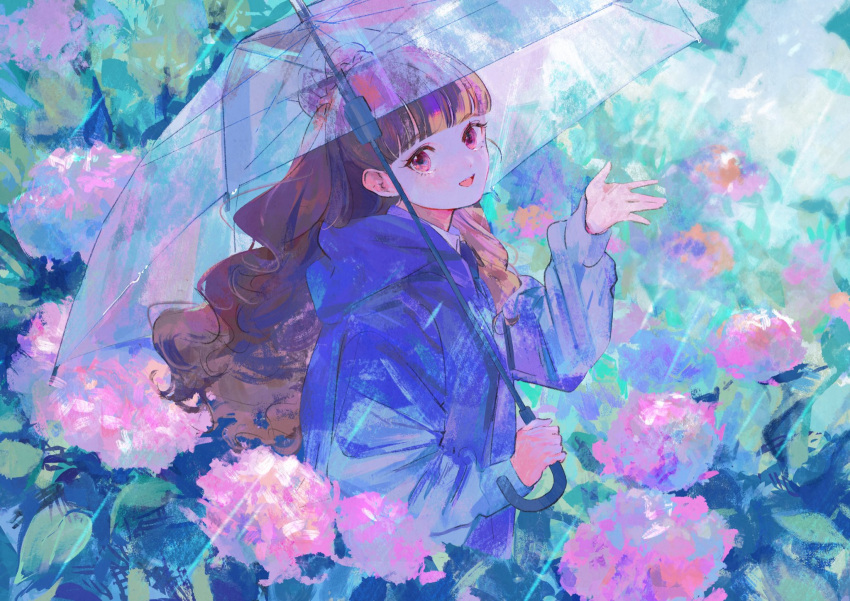 1girl bangs blunt_bangs blush braid brown_hair field flower flower_field french_braid hair_bun highres holding holding_umbrella idolmaster idolmaster_cinderella_girls jamu_(yakinikuoi4) kamiya_nao looking_at_viewer rain raincoat single_hair_bun smile solo transparent transparent_umbrella umbrella wavy_hair