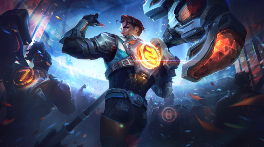 6+boys absurdres armor black_bodysuit black_gloves bodysuit brown_hair confetti cowboy_shot fingerless_gloves from_behind gloves glowing grin hammer highres holding holding_hammer jayce_(league_of_legends) league_of_legends looking_back multiple_boys official_art pointing pointing_at_self ponytail power_armor second-party_source short_hair shoulder_armor smile solo_focus teeth zenith_games_jayce