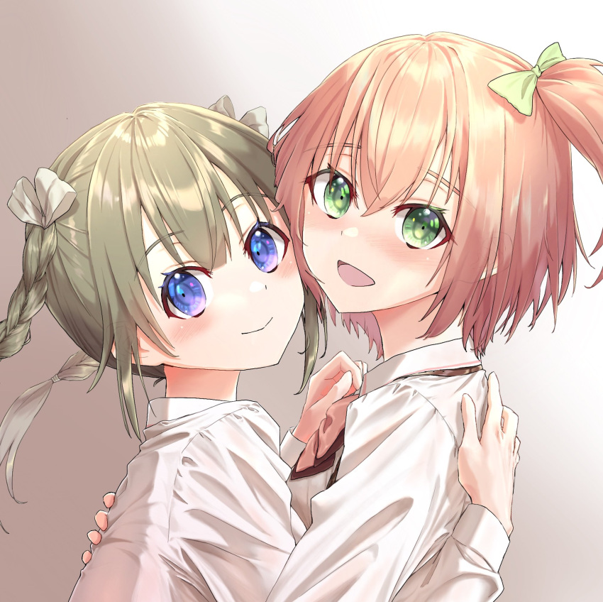 2girls amamiya_sophia_seren assault_lily bangs blush bow bowtie braid brown_hair cheek-to-cheek closed_mouth collared_shirt commentary from_side gradient gradient_background green_bow green_eyes grey_background hair_between_eyes hair_bow hair_ribbon hand_on_another's_back hand_on_another's_chest hand_up hands_up heads_together highres hug kajiki_arashi kishimoto_lucia_raimu long_hair long_sleeves looking_at_viewer looking_to_the_side ludvico_private_girls'_academy_school_uniform multiple_girls mutual_hug one_side_up open_mouth orange_bow orange_bowtie orange_hair ribbon school_uniform shiny shiny_hair shirt short_hair smile twin_braids twintails upper_body violet_eyes white_background white_ribbon white_shirt yuri