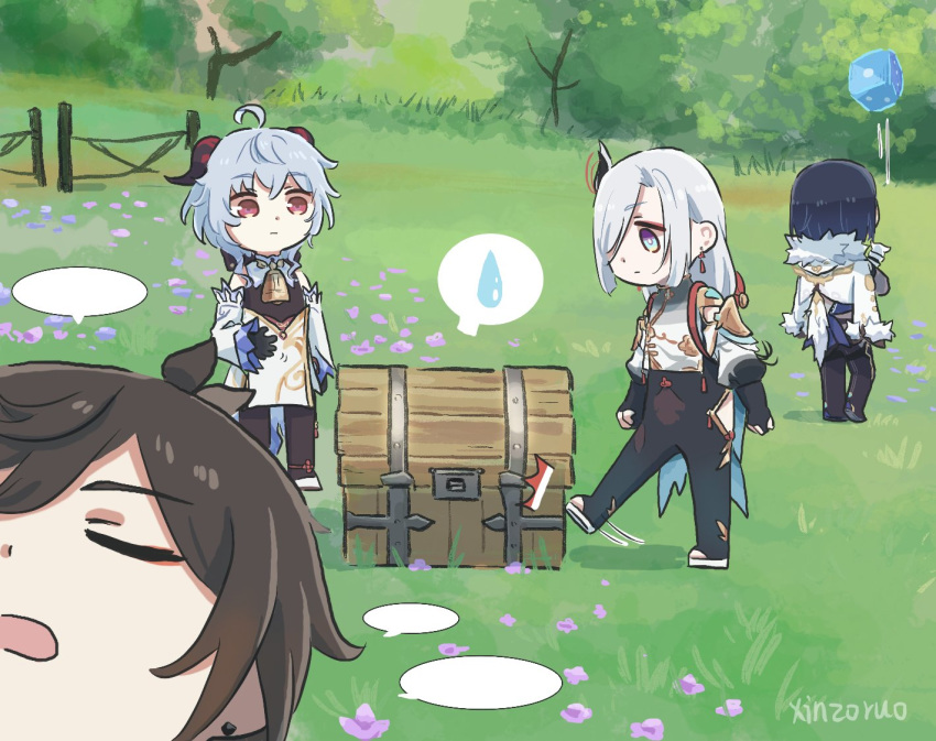 1boy 3girls aqua_eyes artist_name black_hair blue_hair closed_eyes from_behind ganyu_(genshin_impact) genshin_impact grass multiple_girls outdoors shenhe_(genshin_impact) speech_bubble spoken_sweatdrop sweatdrop tree violet_eyes white_hair xinzoruo yelan_(genshin_impact) zhongli_(genshin_impact)