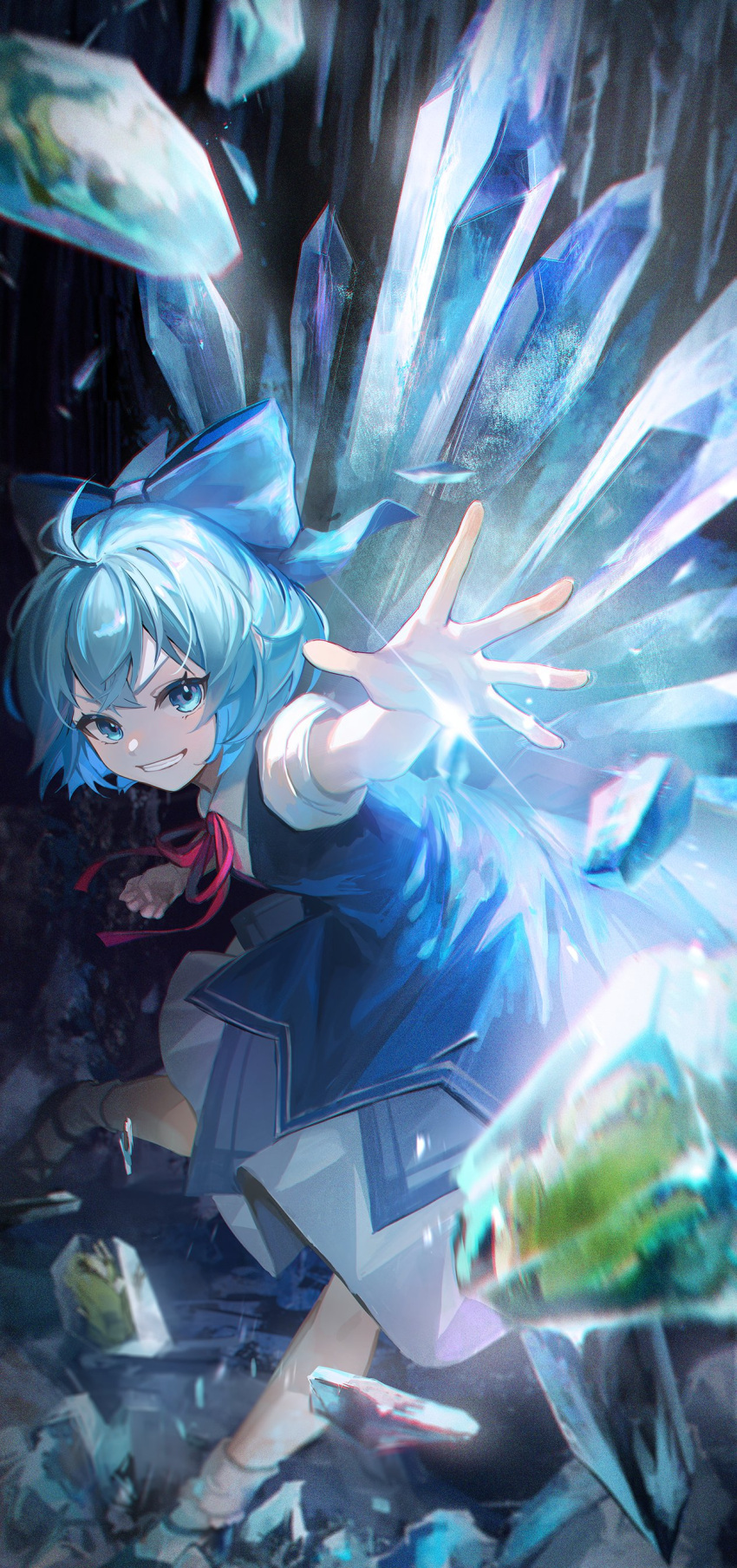 1girl absurdres animal arm_up bangs blue_bow blue_dress blue_eyes blue_footwear blue_hair bow bowtie cirno cirno_day closed_mouth collared_shirt colored_skin commentary_request crystal dress frog green_skin grey_shirt grey_socks hair_between_eyes hand_up highres ice ice_wings kyusoukyu light looking_at_viewer puffy_short_sleeves puffy_sleeves red_bow red_bowtie shirt shoes short_hair short_sleeves smile socks solo standing teeth touhou v-shaped_eyebrows wings