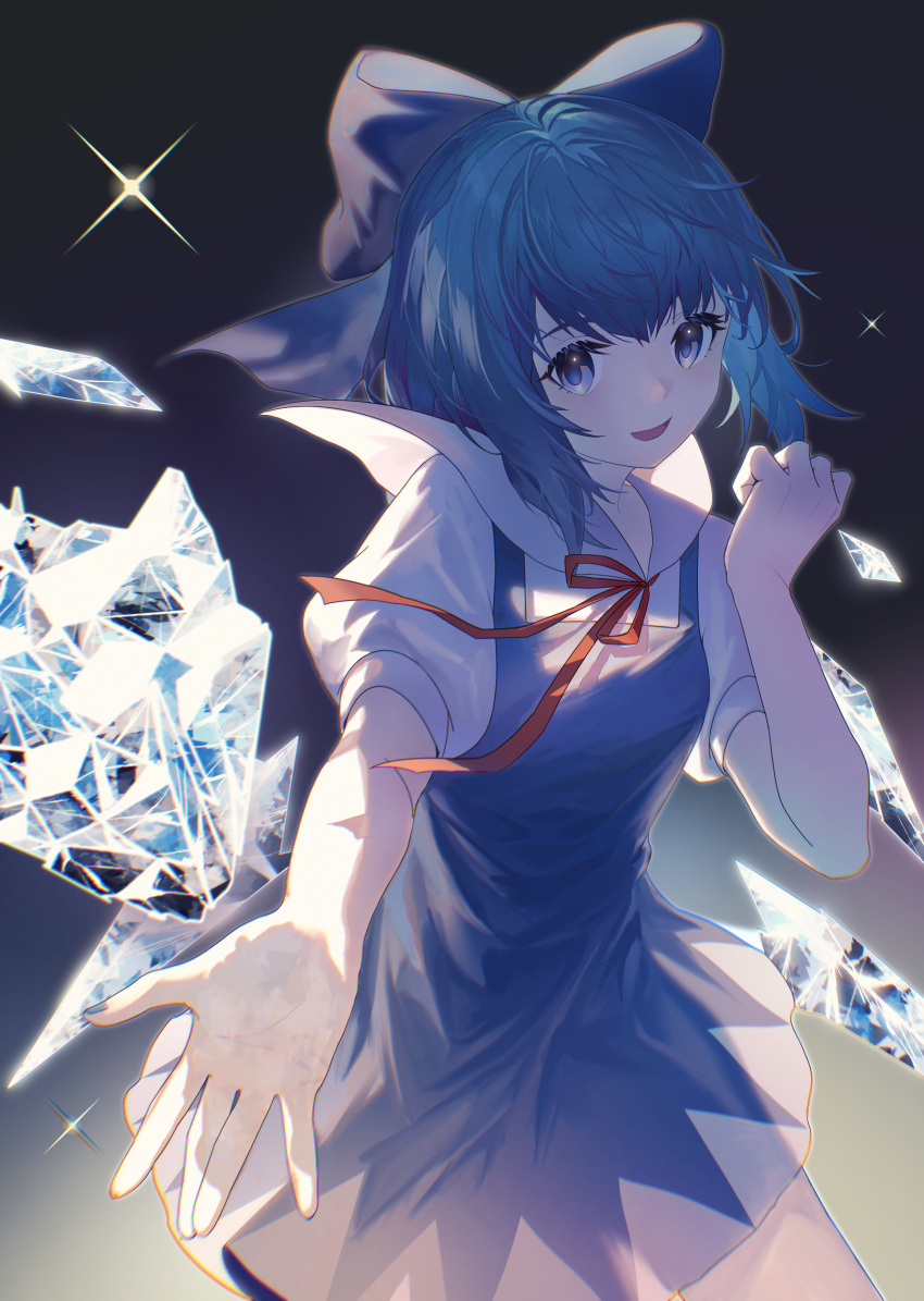 1girl absurdres arm_up bangs blue_background blue_bow blue_dress blue_eyes blue_hair bow bowtie breasts cirno collared_shirt commentary_request crystal dress gradient gradient_background grey_shirt hair_between_eyes hands_up highres ice ice_wings looking_at_viewer medium_breasts open_mouth puffy_short_sleeves puffy_sleeves red_bow red_bowtie shirt short_hair short_sleeves sly930105 smile solo sparkle touhou wings yellow_background