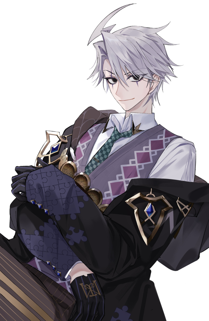 1boy ahoge argyle argyle_sweater_vest black_coat black_eyes black_gloves brown_pants coat collared_shirt cowboy_shot crossed_arms facial_mark fate/grand_order fate_(series) glint gloves green_necktie grey_hair grey_sweater_vest hair_between_eyes half_gloves highres houndstooth james_moriarty_(ruler)_(fate) looking_at_viewer male_focus necktie no_pupils off_shoulder pants pinstripe_pants pinstripe_pattern puzzle_piece_print shirt short_hair simple_background sleeves_past_wrists smile solo striped striped_gloves sweater_vest tie_clip to0folder80 vertical-striped_gloves vertical_stripes white_background white_shirt