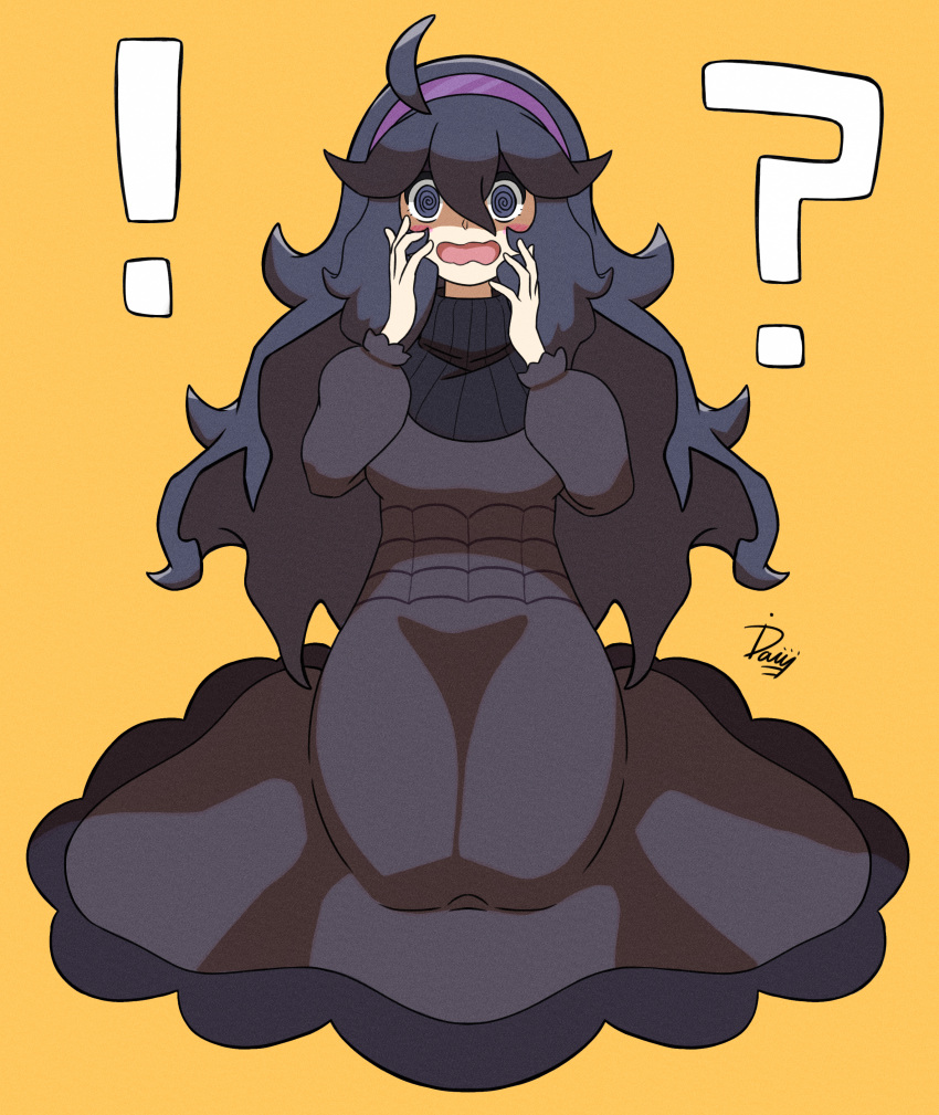 ! 1girl ? @_@ absurdres ahoge bangs black_hair blush commentary_request dress embarrassed full_body hair_between_eyes hairband hands_up hex_maniac_(pokemon) highres ida_(idalol490) kneeling long_hair long_sleeves looking_at_viewer messy_hair open_mouth pokemon pokemon_(game) pokemon_xy purple_hairband signature simple_background solo surprised tongue turtleneck yellow_background