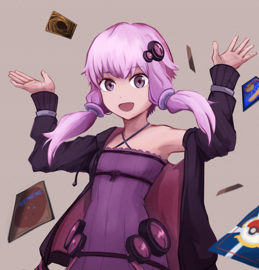 1girl :d bangs black_jacket brown_background card commentary dress flat_chest hair_ornament highres jacket long_sleeves looking_at_viewer magic:_the_gathering open_mouth pink_hair playing_card pokemon pokemon_tcg purple_dress short_hair_with_long_locks sidelocks simple_background smile solo strapless strapless_dress upper_body violet_eyes vocaloid voiceroid yan_pai yu-gi-oh! yuzuki_yukari