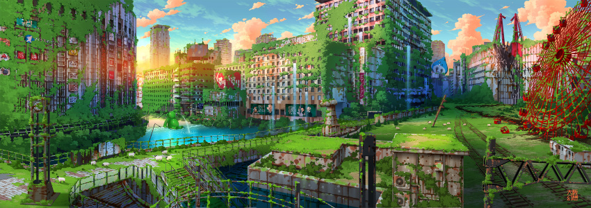 blue_sky building city cityscape clouds commentary_request day fantasy ferris_wheel highres no_humans original osaka_(city) photoshop_(medium) railroad_tracks ruins scenery sheep sky skyscraper stairs tokyogenso water