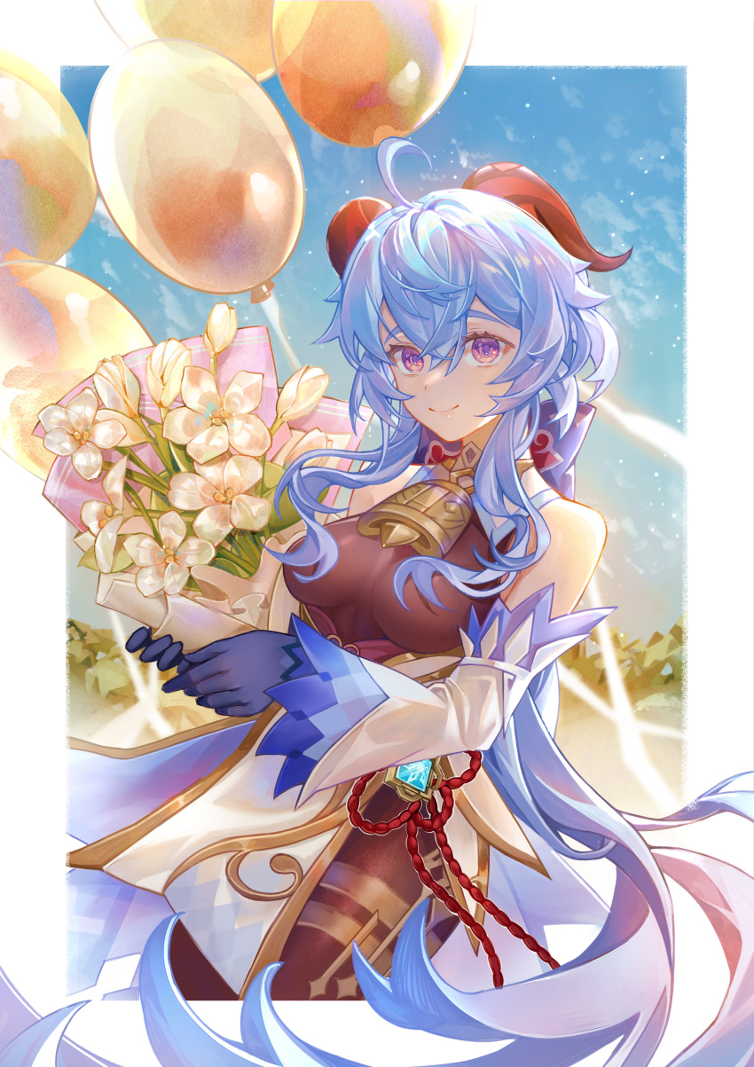 1girl absurdres ahoge arrrrrry1 balloon bangs bare_shoulders bell blue_hair bouquet bow breasts brown_pantyhose chinese_knot cowboy_shot detached_sleeves flower flower_knot ganyu_(genshin_impact) genshin_impact gold_trim highres holding holding_bouquet horns long_hair looking_at_viewer medium_breasts neck_bell pantyhose sidelocks smile solo tassel thighlet violet_eyes vision_(genshin_impact) waist_cape white_flower white_sleeves