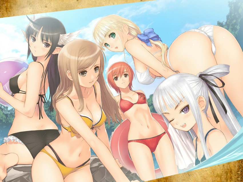 arms_behind_back ass ball beachball bent_over bikini black_hair blonde_hair breasts brown_eyes brown_hair clalaclan_philias cleavage closed_eyes flat_chest frilled_bikini frills green_eyes hair_ribbon head_wings houmei innertube kanon_seena large_breasts long_hair looking_back multiple_girls pointy_ears ponytail purple_eyes red_hair ribbon seena_kanon shining_(series) shining_wind short_hair sideboob silver_hair sky string_bikini swimsuit swimsuit taka_tony tony_taka touka_kureha underboob wading wallpaper water wink xecty_ein