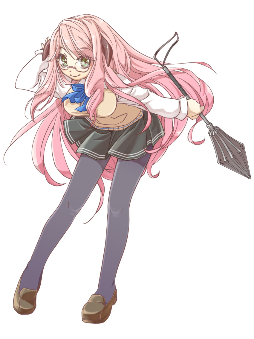 bent_over breasts glasses green_eyes highres large_breasts legs long_hair original pantyhose pink_hair ragi_(raging) school_uniform simple_background skirt smile solo sword_world very_long_hair weapon white_background