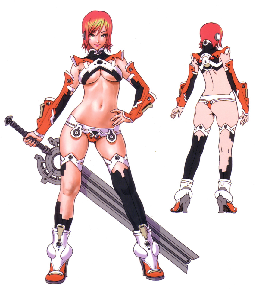 absurdres armor ass back bikini_armor boots breasts character_sheet detached_sleeves green_eyes hand_on_hip high_heels highres lowleg midriff red_hair rudy_(yamashita_shunya) shoes short_hair smile solo star sword tattoo thigh-highs under_boob underboob weapon wide_hips wild_flower yamashita_shun'ya yamashita_shunya
