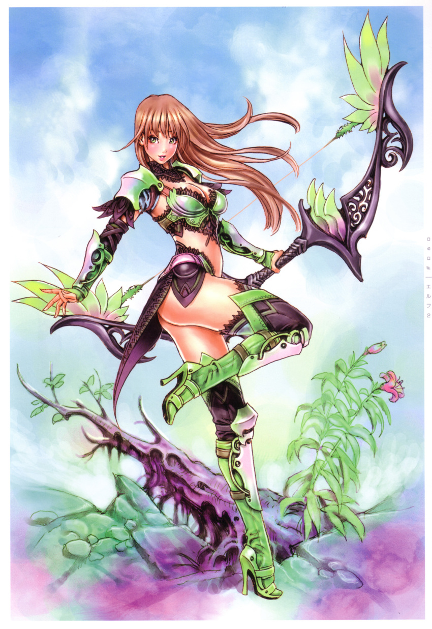 absurdres armor ass bikini_armor blush boots bow_(weapon) breasts brown_hair cleavage cloud flower green_eyes high_heels highres lipstick long_hair looking_back midriff mu_online nature no_panties outdoors scan shoes sky smile solo standing_on_one_leg thigh-highs thighhighs turtleneck weapon wild_flower yamashita_shun'ya yamashita_shunya
