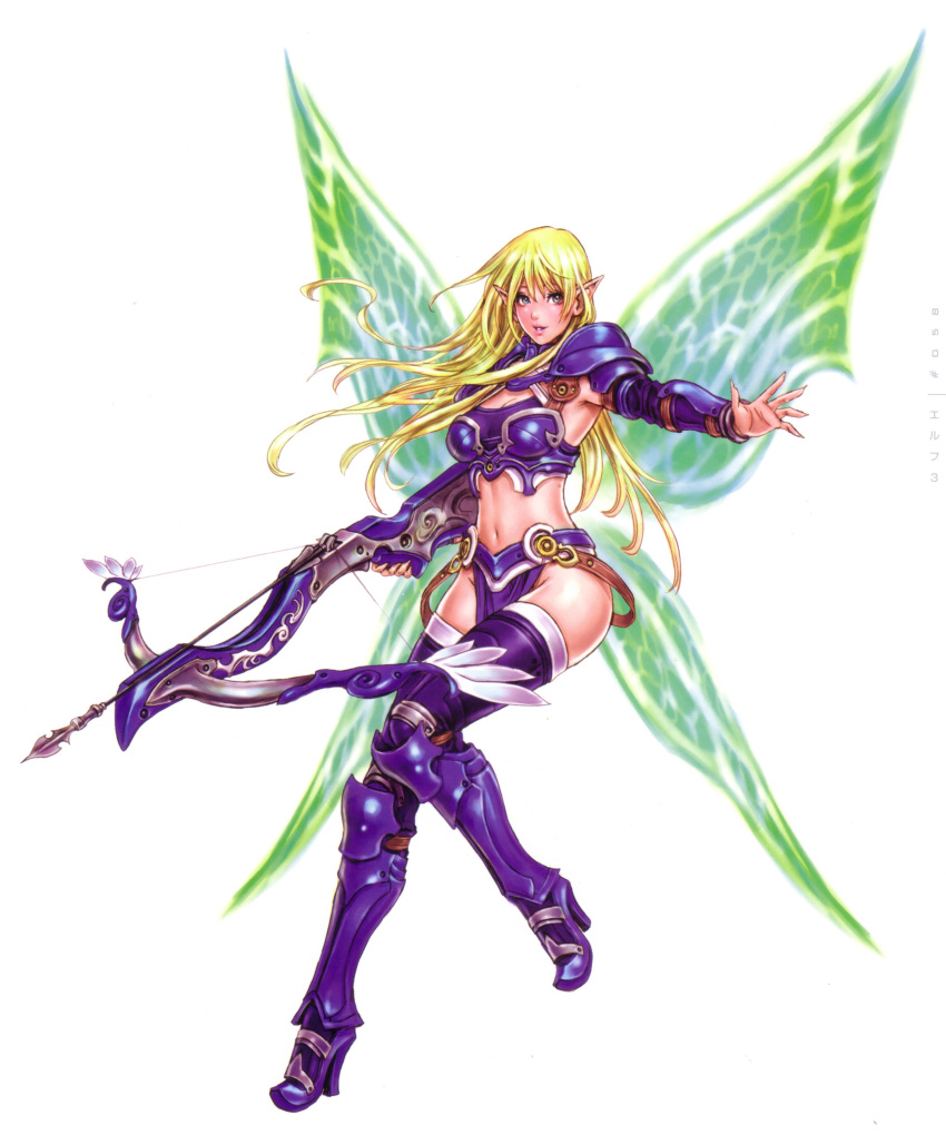 absurdres armor armpits bikini_armor blonde_hair blue_eyes boots bow_(weapon) butterfly_wings crossbow elf fairy fingernails high_heels highres knee_boots lipstick loincloth long_fingernails long_hair midriff mu_online no_panties pointy_ears scan shoes smile solo strap thigh-highs thighhighs weapon wild_flower wings yamashita_shun'ya yamashita_shunya