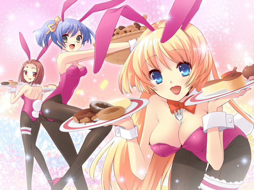 animal_ears ass between_breasts breasts bunny_ears bunny_girl bunnysuit cleavage flyable_heart fork game_cg garter high_heels highres ito_noizi itou_noiji large_breasts multiple_girls pantyhose rabbit_ears shoes unisonshift
