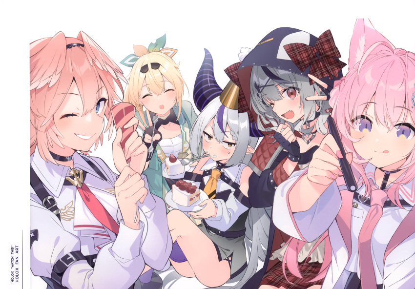 5girls :q ;) ;d animal_ears blonde_hair blue_eyes cake cake_slice closed_eyes eating fang fingerless_gloves fingernails food food_on_face fork gloves grey_hair grin hair_ornament hair_ribbon hakui_koyori hat head_wings highres holding holding_fork holding_plate hololive holox hood horns kazama_iroha la+_darknesss labcoat long_hair mishima_kurone multicolored_hair multiple_girls necktie one_eye_closed open_mouth party_hat party_popper pink_hair plate pointy_ears red_eyes ribbon sakamata_chloe scan single_thighhigh smile streaked_hair takane_lui thigh-highs tongue tongue_out utensil_in_mouth v very_long_hair violet_eyes virtual_youtuber x_hair_ornament yellow_eyes